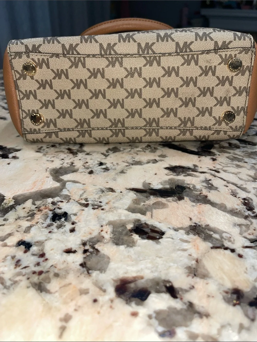 Michael Kors Beige MK Logo Satchel with Tan Trim and Gold Hardware